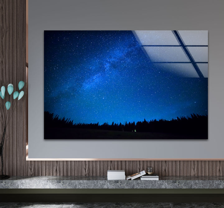 Starry Night Sky Wall Art – Deep Blue Milky Way Glass Print Decor