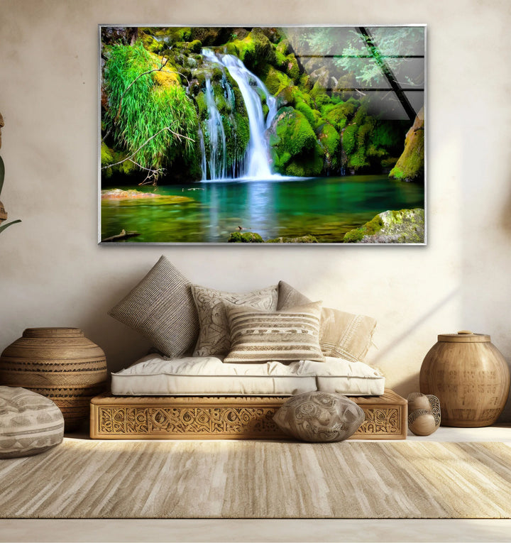 Forest Waterfall Wall Art – Serene Glass Landscape Print with Lush Green Moss and Crystal Clear Stream for Nature-Inspired Interiors - MyPhotoStation