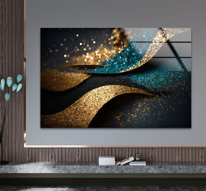 Gold Teal Glitter Wave Wall Art – Luxury Sparkle Abstract Glass Print