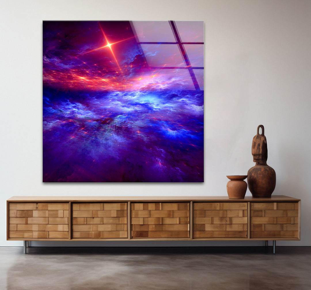 Purple Galaxy Cloud Wall Art – Vibrant Cosmic Sky Glass Print Décor