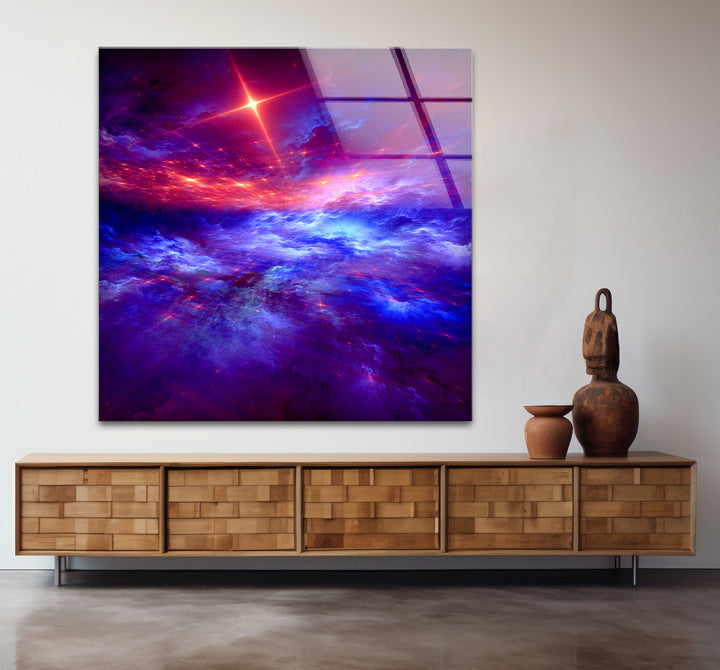 Purple Galaxy Cloud Wall Art – Vibrant Cosmic Sky Glass Print Décor