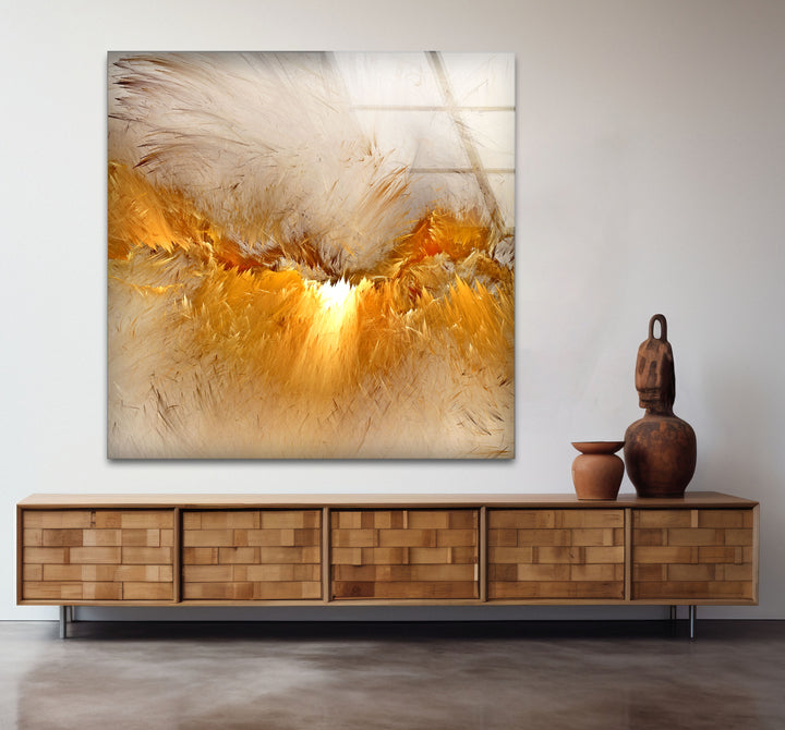 Golden Feather Storm Wall Art – Abstract Light Burst Glass Print