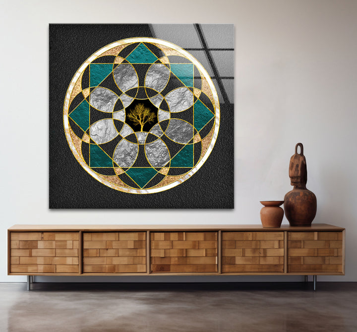 Wandkunst mit heiliger Geometrie, Baum des Lebens – Moderne Glasplatte mit goldenem Mandala-Design