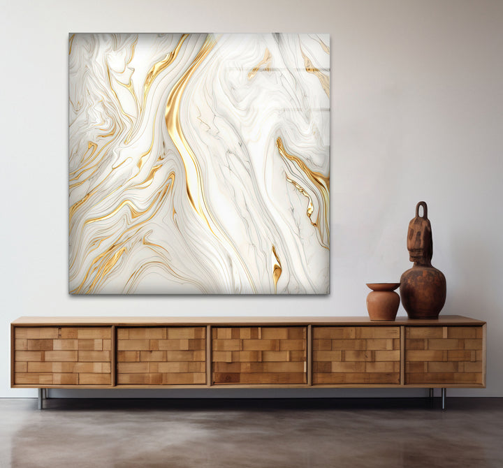 White & Gold Marble Glass Wall Art – Elegant Luxury Abstract Design