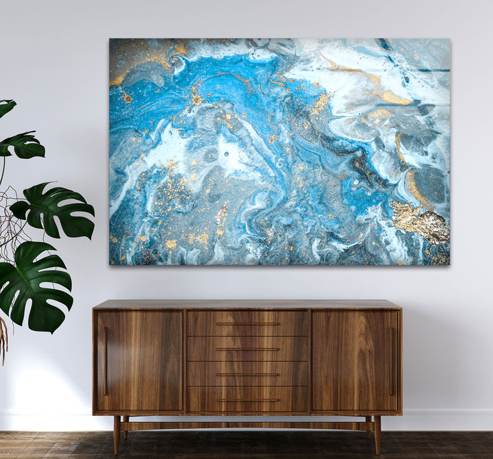 Blue Gold Ocean Marble Wall Art – Elegant Abstract Glass Print Decor