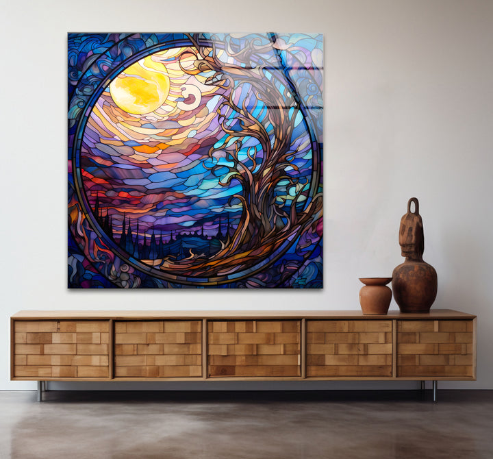 Mystic Moon Buntglas-Wandkunst – Verzauberter Baum &amp; Nachthimmel-Dekor