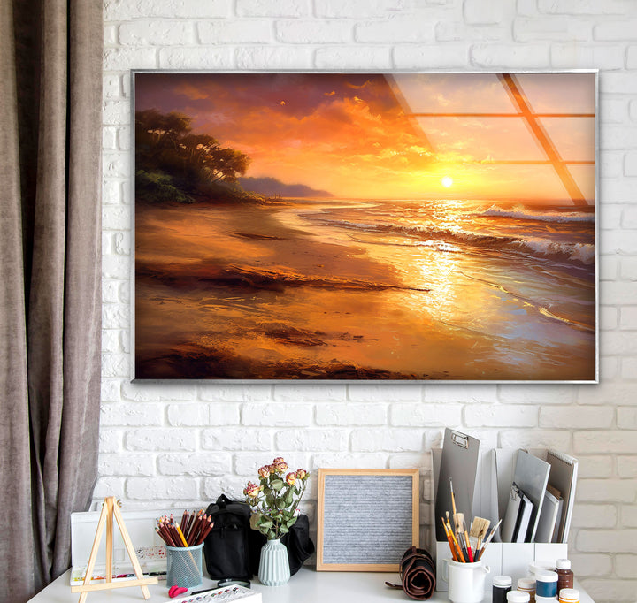 Golden Beach Sunset Wall Art – Tranquil Ocean Shoreline Print on Glass