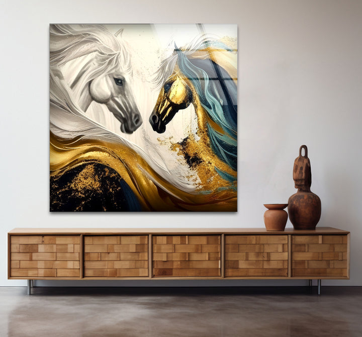 Majestic Gold Horses Wall Art – Luxury Abstract Equine Glass Print