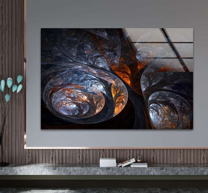 Cosmic Fractal Swirl Wall Art – Dark Abstract Universe Glass Print