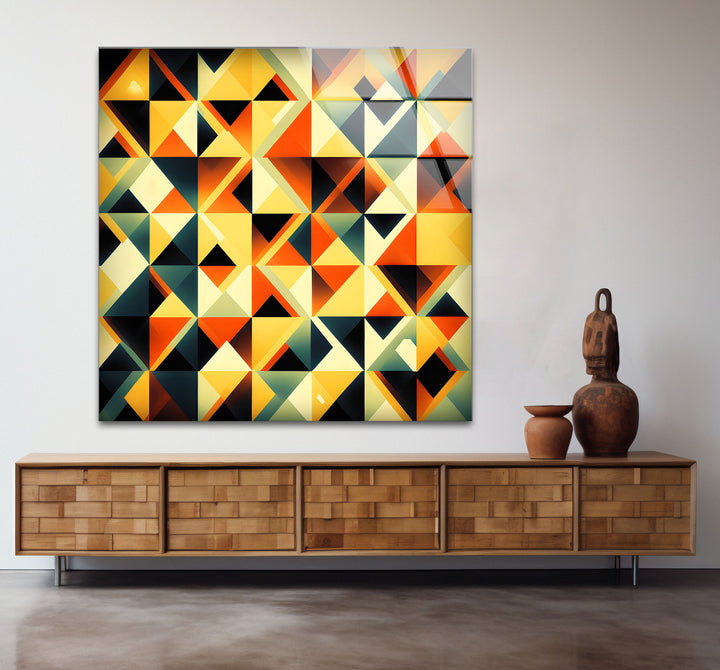 Geometrische Wandkunst aus Bernsteinglas – Auffälliges Retro-Dreiecksmuster-Dekor 