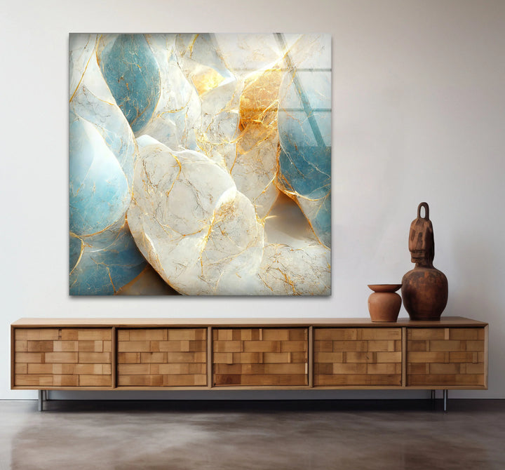 Blue White Marble Wall Art – Elegant Stone Glass Print with Gold Veining for Modern Luxury Interior Decor - MyPhotoStation