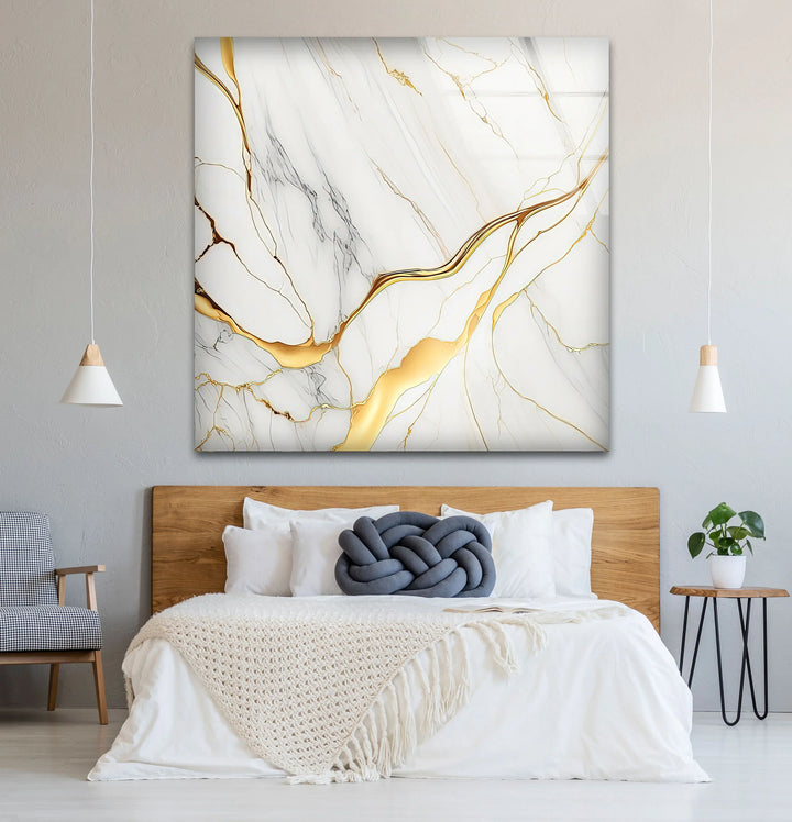 White Marble Wall Art with Gold Veins – Elegant Abstract Glass Print for Modern Luxury Interiors - MyPhotoStation