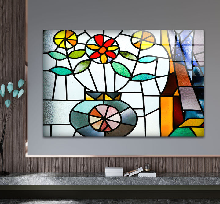 Floral Stained Glass Wall Art – Colorful Flower Vase Mosaic Panel