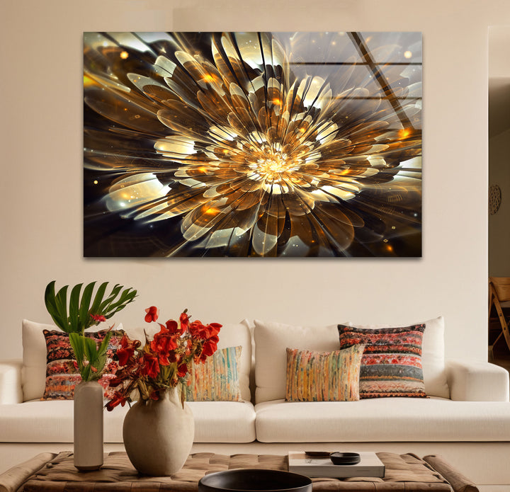 Golden Bloom Burst Wall Art – Radiant Abstract Flower Glass Print