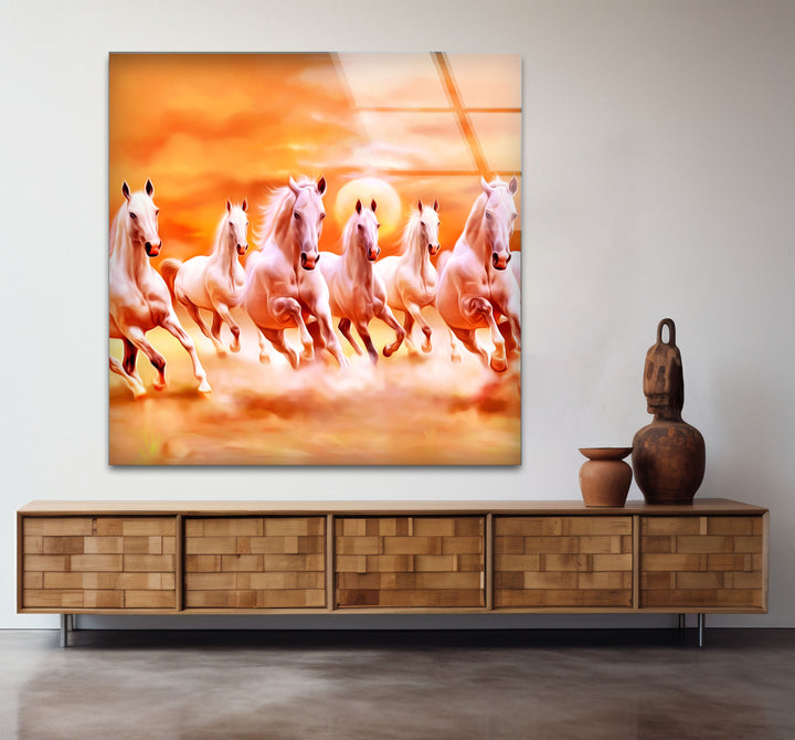 Wandkunst mit sieben laufenden Pferden – Spirituelle Sonnenaufgangsszene, Glasdruck