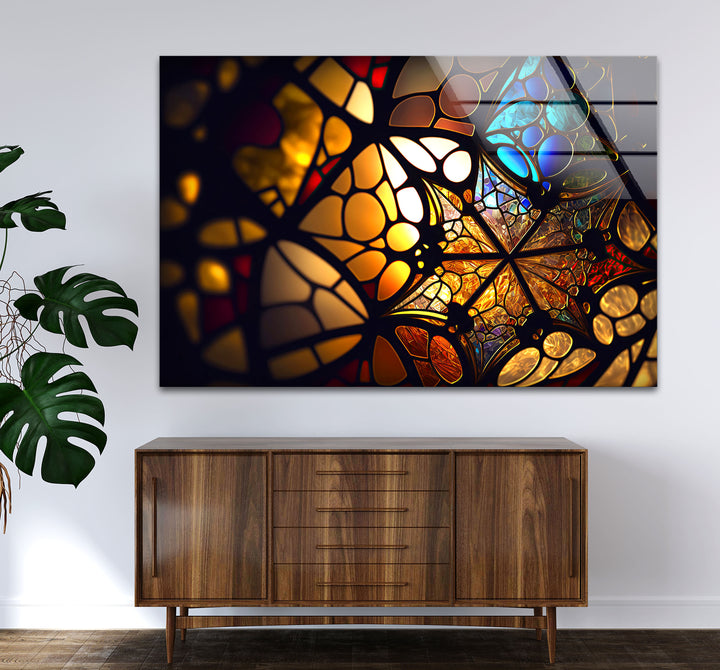 Goldene Buntglas-Wandkunst – Beleuchtete Mosaik-Lichtreflexionen