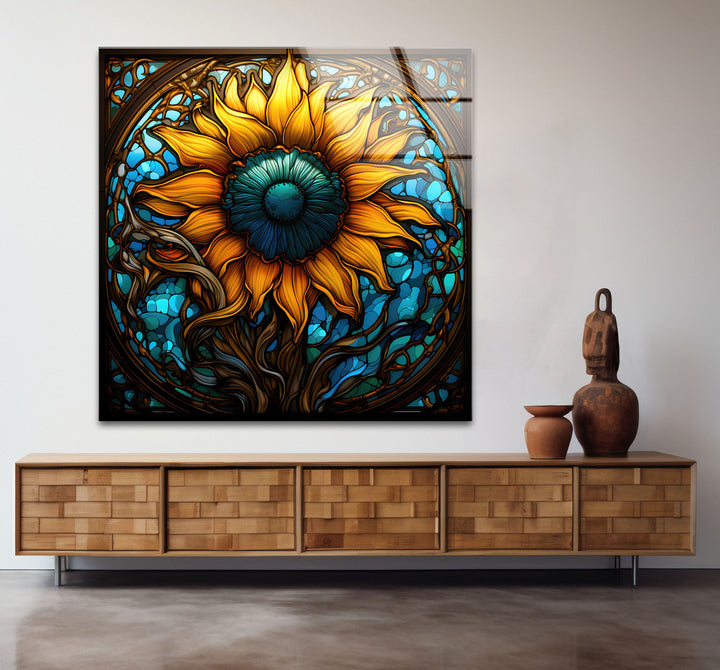 Sonnenblumen-Buntglas-Wandkunst – Lebendiges, florales, von der Natur inspiriertes Dekor 