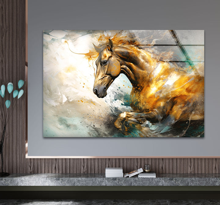 Golden Gallop Wandkunst – Majestätisches Pferd Abstraktes Glasdruckdekor
