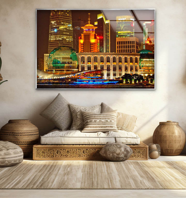 Shanghai Skyline Wall Art – Vibrant City Lights Glass Print for Modern Decor
