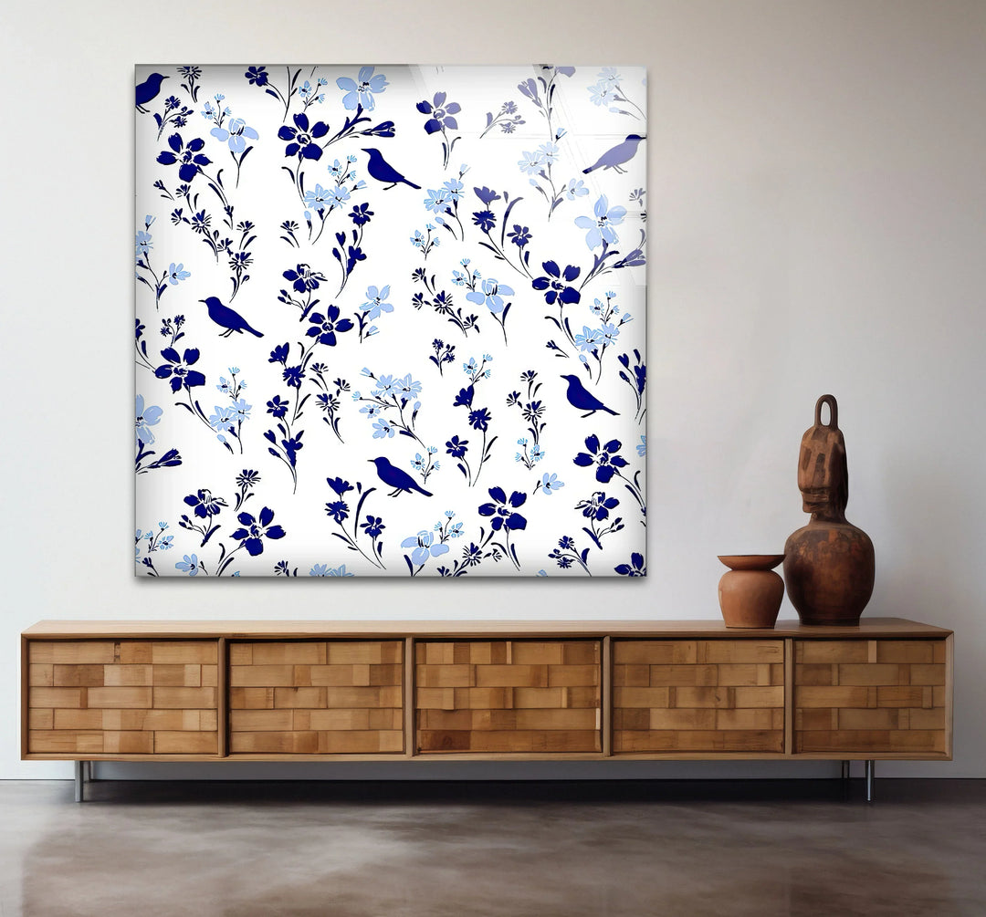 Blue Bird and Wildflower Pattern Wall Art – Elegant Floral Glass Print for Nature Lovers - MyPhotoStation