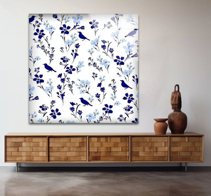 Blue Bird and Wildflower Pattern Wall Art – Elegant Floral Glass Print for Nature Lovers - MyPhotoStation
