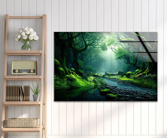 Negative space surrounds the vibrant mystical enchanted forest stream in this lush green nature hanging wall art glass print.