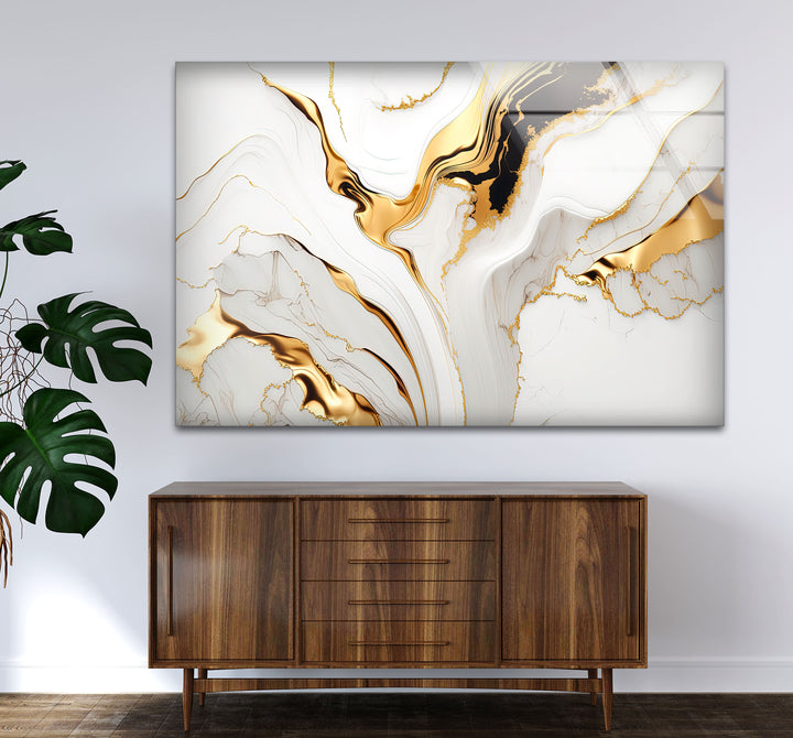 White Gold Marble Abstract Wall Art – Modern Luxury Glass Print for Elegant Interiors