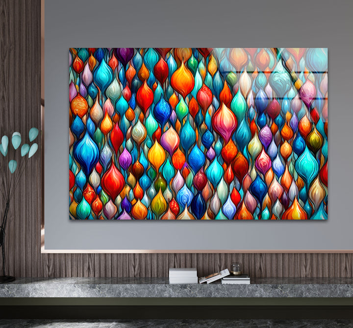 Lebendige abstrakte Glaswandkunst – Buntes Tropfendesign 