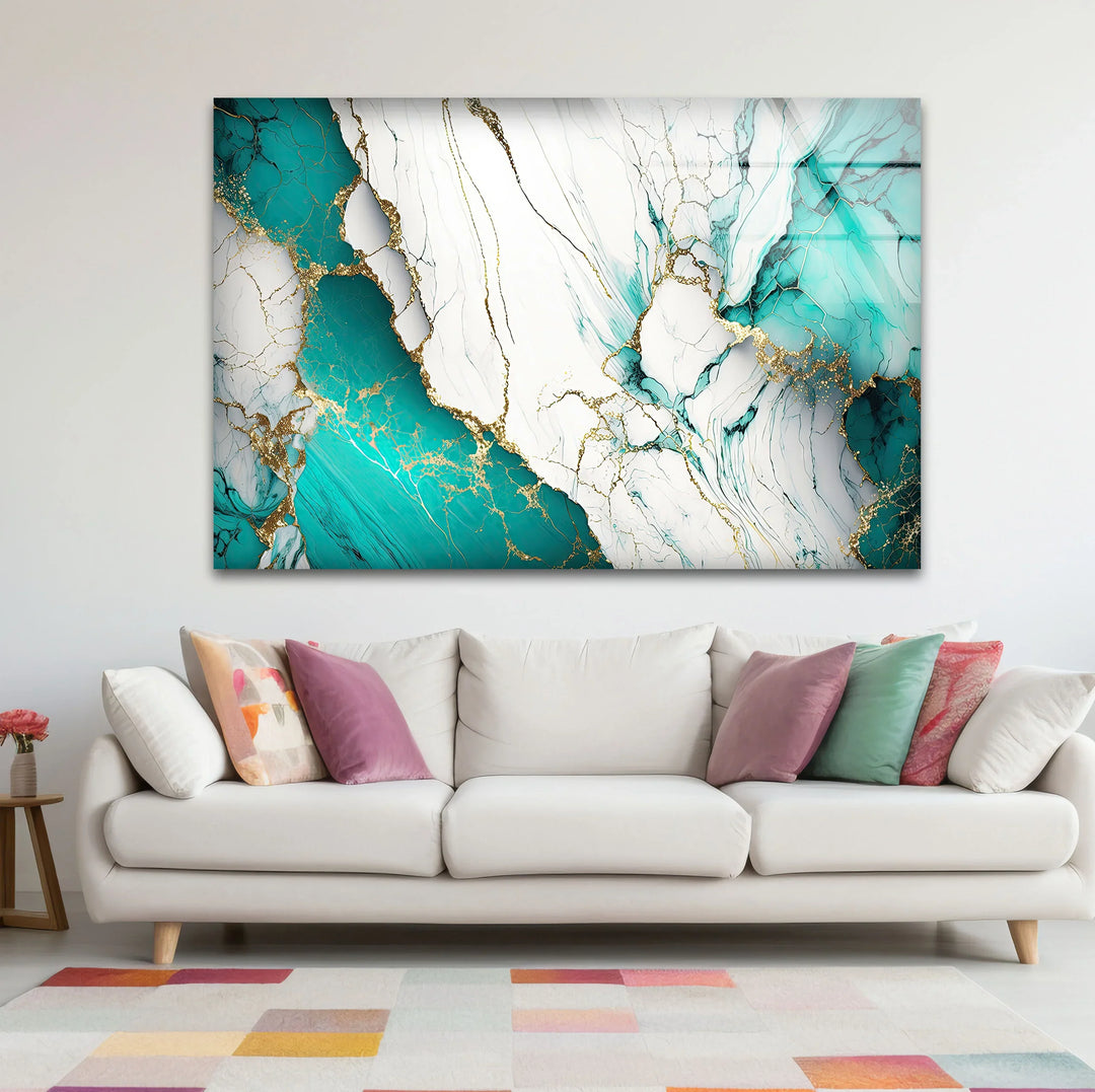 Teal and White Marble Wall Art – Luxury Abstract Glass Print with Gold Veins for Modern Interiors - MyPhotoStation