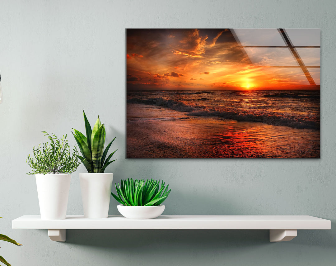 Fiery Sunset Ocean Wall Art – Bold Coastal Glass Print for Dramatic and Modern Interiors