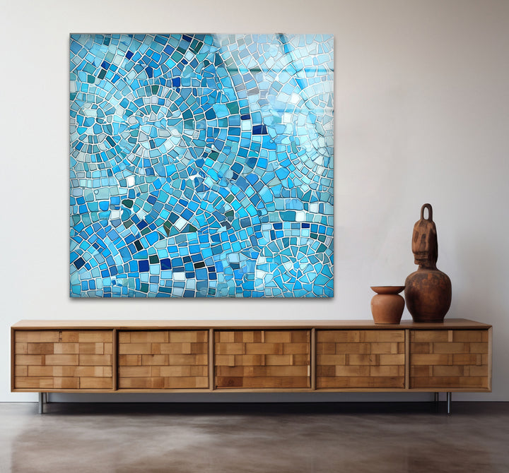 Aqua Blue Mosaic Glass Wall Art – Coastal Geometric Decor for Bathroom & Spa