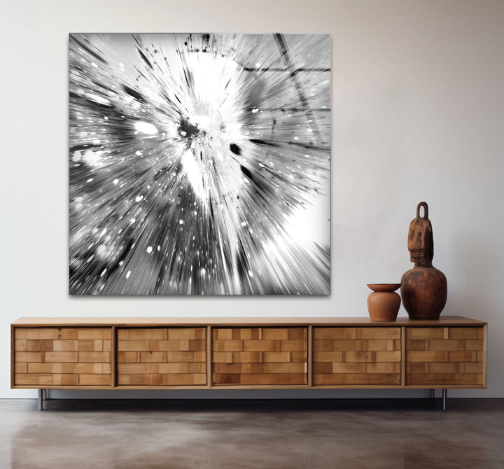 Monochrome Explosion Wall Art – Abstract Black and White Glass Print