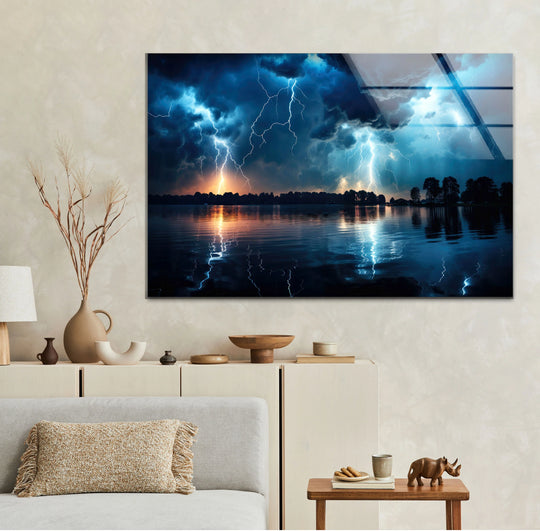 Foregrounded by cozy decor, the tempered glass wall art depicts a dramatic lightning storm over a serene lake, its reflections mirroring the power of nature.
