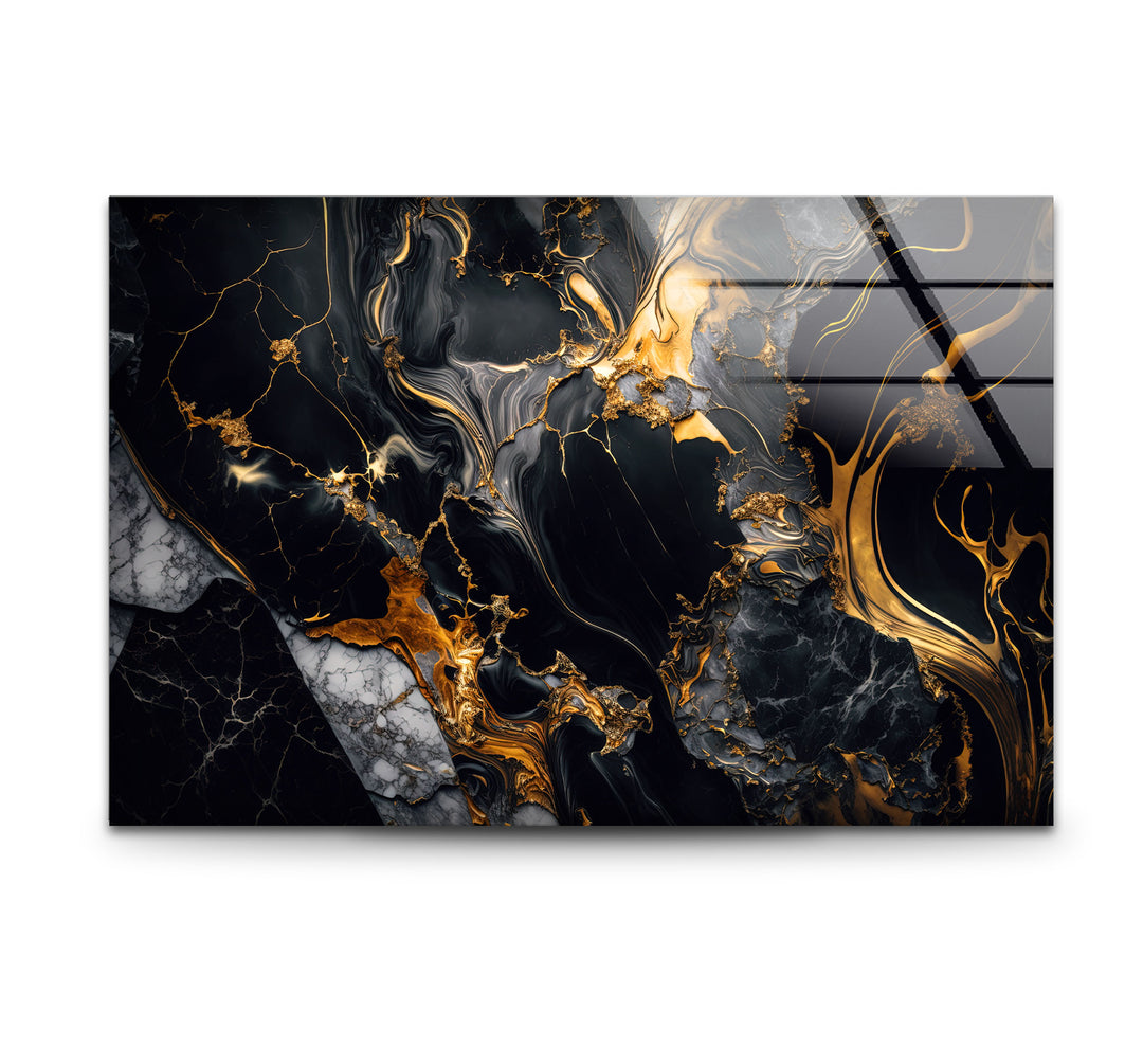 Black Marble Gold Flow Wall Art – Luxury Abstract Glass Print for Modern Interiors