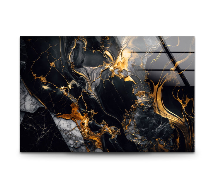 Black Marble Gold Flow Wall Art – Luxury Abstract Glass Print for Modern Interiors
