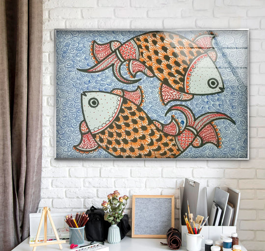 A rustic white brick wall serves as the backdrop for vibrant, traditional folk art fish on art from glass.