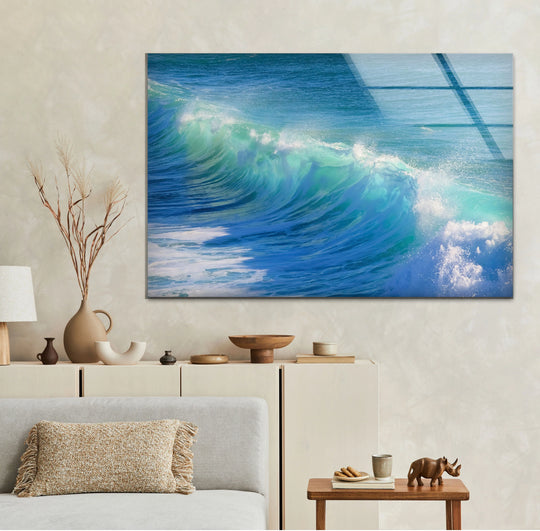 Brilliant blue ocean wave, the central subject of this crystal glass seascape print, brings coastal charm to any home decor.