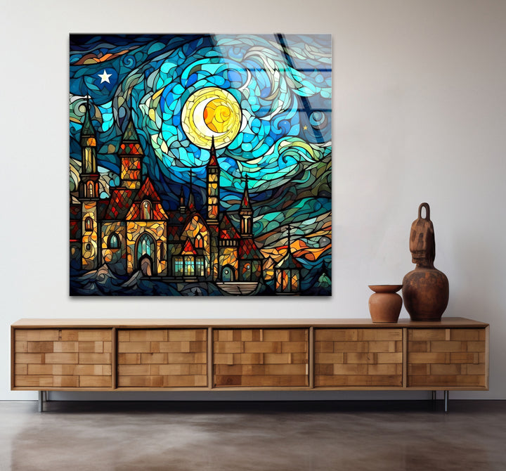Van Gogh Sternennacht Schloss Glaswandkunst – Buntglas-inspiriert 