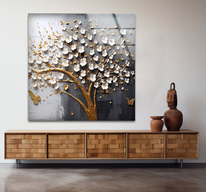 Golden Cherry Blossom Tree Wall Art – 3D Floral Glass Print with Butterflies