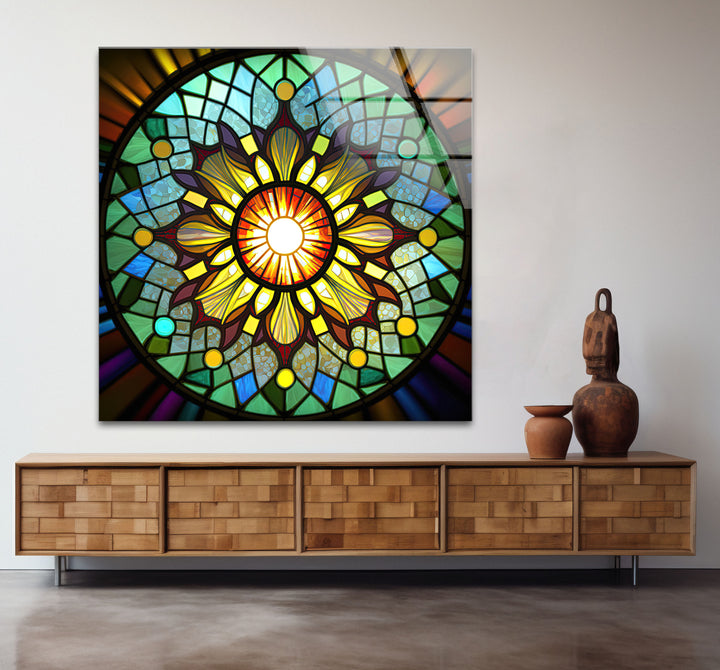 Strahlende Buntglas-Wandkunst mit Sonnenstrahlen – Buntes Mandala-Fensterpaneel 