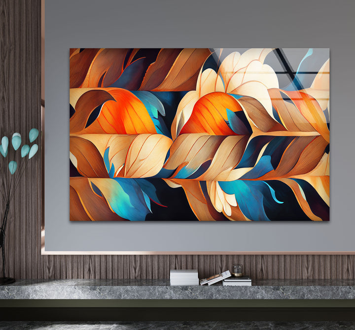 Abstract Feather Flow Glass Wall Art – Earthy Orange & Teal Nature Design