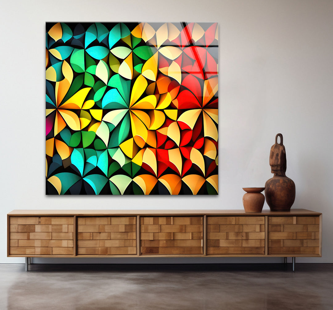 Bunte geometrische Glaswandkunst – Lebendiges abstraktes 3D-Muster