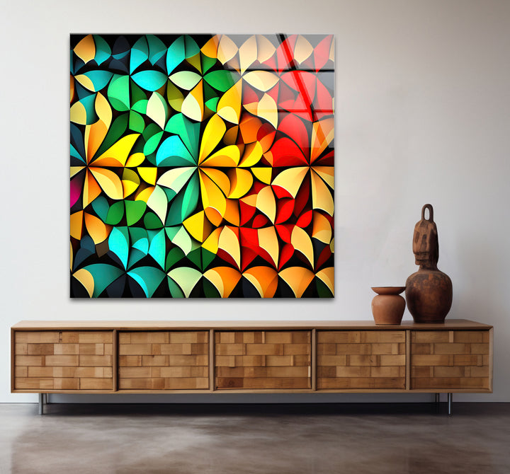 Bunte geometrische Glaswandkunst – Lebendiges abstraktes 3D-Muster
