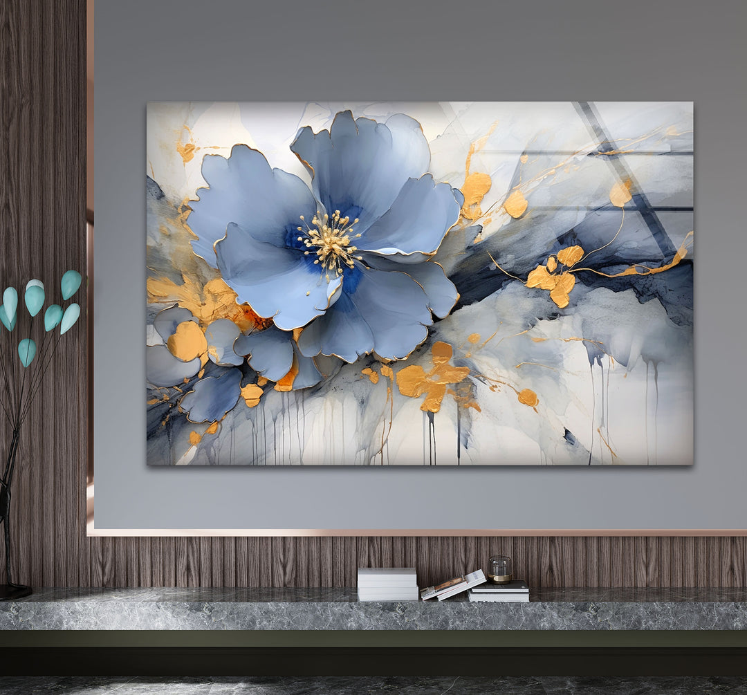 Blue Gold Blossom Wall Art – Elegant Floral Glass Print for Home Décor