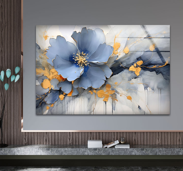 Blue Gold Blossom Wall Art – Elegant Floral Glass Print for Home Décor