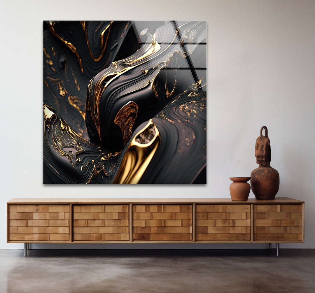 Black Gold Swirl Wall Art – Luxury Abstract Fluid Glass Print for Interiors