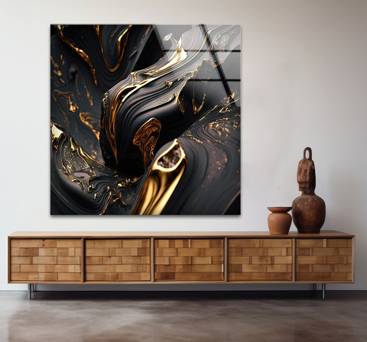 Black Gold Swirl Wall Art – Luxury Abstract Fluid Glass Print for Interiors