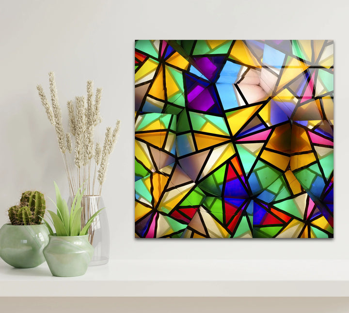Geometric Color Explosion Glass Art – Abstract Modern Wall Decor in Bold Stained Glass Style - MyPhotoStation