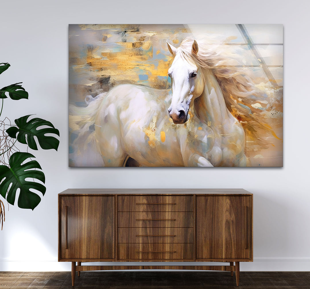 Majestic White Horse Wall Art – Abstract Glass Print for Modern Interiors