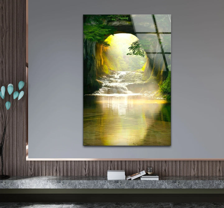 Sunlit Forest Cave Waterfall Glass Wall Art – Serene Nature Landscape Print - MyPhotoStation